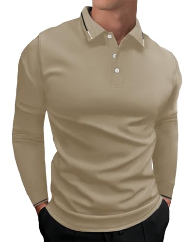 HMIYA Herren Poloshirt Langarm,Baumwolle,bequemes Polo mit lässigem Kragen,leichtes Langarmshirt,Khaki,3XL von HMIYA