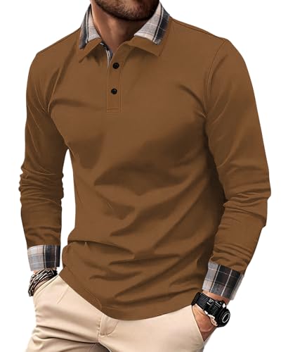 HMIYA Herren Poloshirt-Langarm Karierter Kragen Poloshirt aus Baumwolle atmungsaktiv Golf Casual T-Shirt,Braun,L HMIYA Herren Poloshirt-Langarm Karierter Kragen Poloshirt aus Baumwolle atmungsaktiv Golf Casual T-Shirt,Braun,L von HMIYA