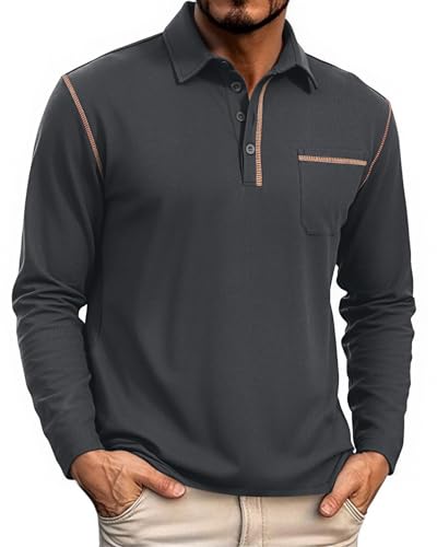 HMIYA Herren Poloshirt Langarm Männer Knopfkragen Baumwolle Polo Hemd Basic Polohemd PulloverGolf Casual T-Shirt,Dark Grey,3XL von HMIYA