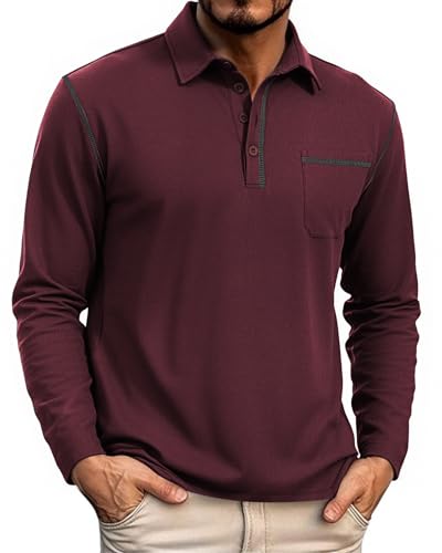 HMIYA Herren Poloshirt Langarm Männer Knopfkragen Baumwolle Polo Hemd Basic Polohemd PulloverGolf Casual T-Shirt,Dunkelrot,M von HMIYA