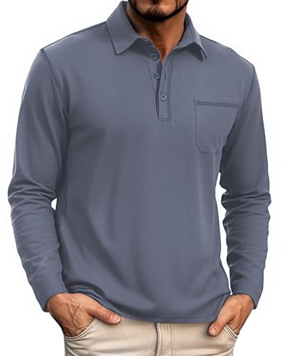 HMIYA Herren Poloshirt Langarm Männer Knopfkragen Baumwolle Polo Hemd Basic Polohemd PulloverGolf Casual T-Shirt,Graublau,2XL von HMIYA