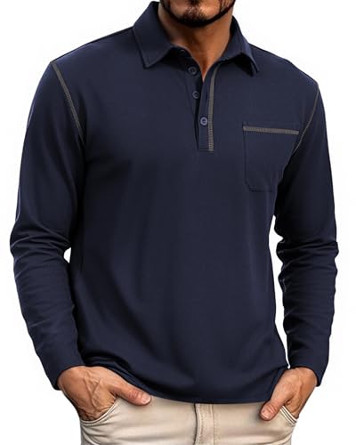 HMIYA Herren Poloshirt Langarm Männer Knopfkragen Baumwolle Polo Hemd Basic Polohemd PulloverGolf Casual T-Shirt,Navy Blau,XL von HMIYA