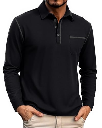 HMIYA Herren Poloshirt Langarm Männer Knopfkragen Baumwolle Polo Hemd Basic Polohemd PulloverGolf Casual T-Shirt,Schwarz,L von HMIYA