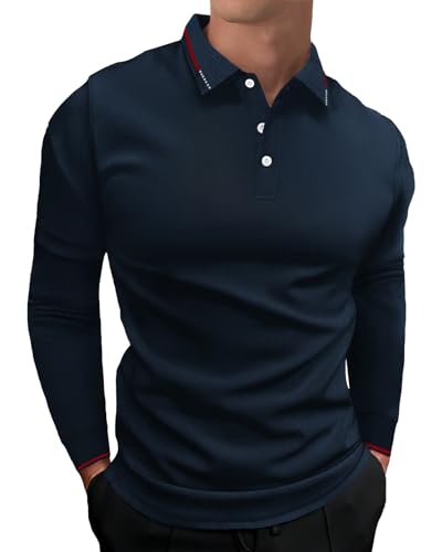 HMIYA Herren Poloshirt-Langarm Poloshirt aus Baumwolle atmungsaktiv Golf Casual T-Shirt,Navy,L von HMIYA