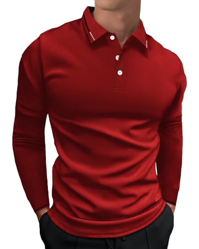 HMIYA Herren Poloshirt-Langarm Poloshirt aus Baumwolle atmungsaktiv Golf Casual T-Shirt,Rot,L von HMIYA