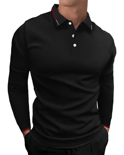 HMIYA Herren Poloshirt-Langarm Poloshirt aus Baumwolle atmungsaktiv Golf Casual T-Shirt,Schwarz,3XL von HMIYA