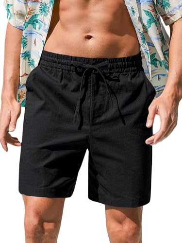 HMIYA Herren Shorts Sommer Leinen Kurze Hosen Lockere Sommershorts Leichte Freizeit Leinenhose mit Taschen Schwarz,M von HMIYA