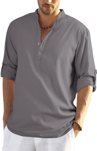 HMIYA Herren Sommerhemd Baumwolle Leinen Langarm Hemd Herren Henley-Kragen Lässiges Regular Fit Shirts von HMIYA
