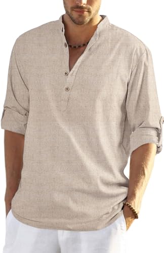 HMIYA Herren Sommerhemd Baumwolle Leinen Langarm Hemd Herren Henley-Kragen Lässiges Regular Fit Shirts von HMIYA