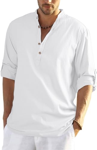 HMIYA Herren Sommerhemd Baumwolle Leinen Langarm Hemd Herren Henley-Kragen Lässiges Regular Fit Shirts von HMIYA