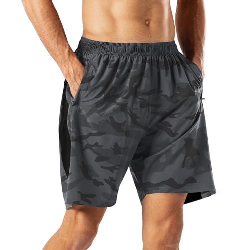 HMIYA Herren Sport Shorts Schnell Trocknend Kurze Hose mit Reißverschlusstasch (Camouflage Grau,3XL) von HMIYA