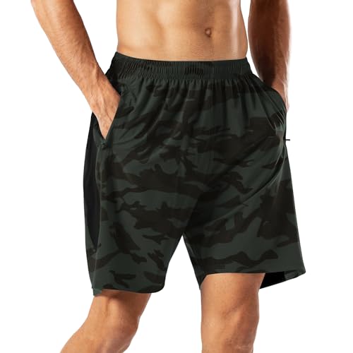 HMIYA Herren Sport Shorts Schnell Trocknend Kurze Hose mit Reißverschlusstasch (Camouflage Grün,4XL) von HMIYA
