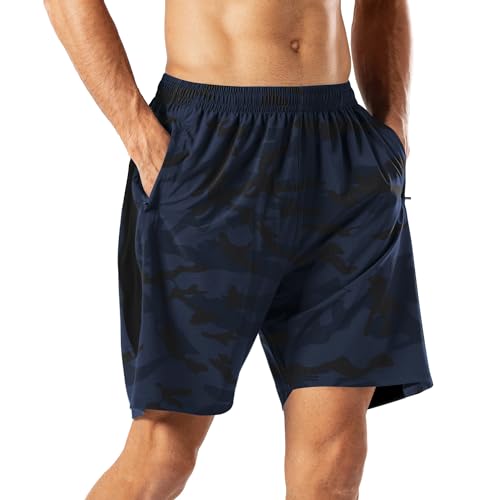 HMIYA Herren Sport Shorts Schnell Trocknend Kurze Hose mit Reißverschlusstasch (Camouflage Navy,3XL) von HMIYA