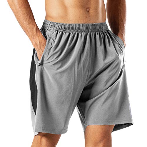 HMIYA Herren Sport Shorts Schnell Trocknend Kurze Hose mit Reißverschlusstasch (Hellgrau,XL) von HMIYA
