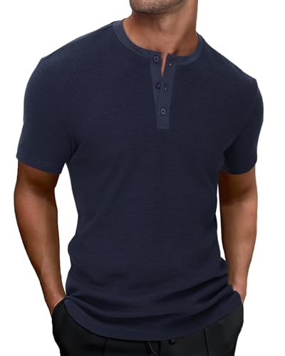 HMIYA Herren T-Shirt mit Henley Hemdkragen aus Waffelpikee – Leichtes Sommer T-Shirt für Freizeit, Business & Alltag von HMIYA