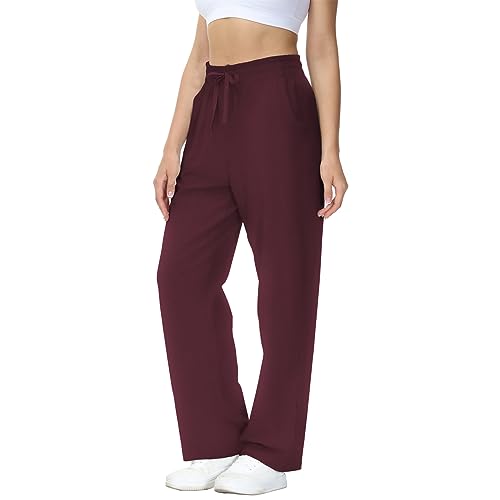 HMIYA Jogginghose Damen Baumwolle Freizeithose Lang offenem Boden Yogahose Sporthose Geradem Bein Hose mit Taschen (Tiefrot XL) von HMIYA