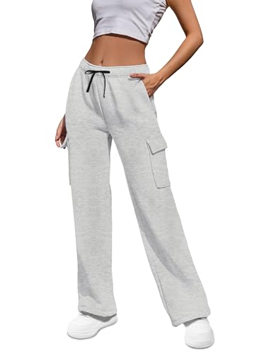 HMIYA Jogginghose Damen Baumwolle Cargohose High Waist Cargo Hose Lang Freizeithose weitem Bein Sporthose Traininghose mit Taschen(Hellgrau,3XL) von HMIYA