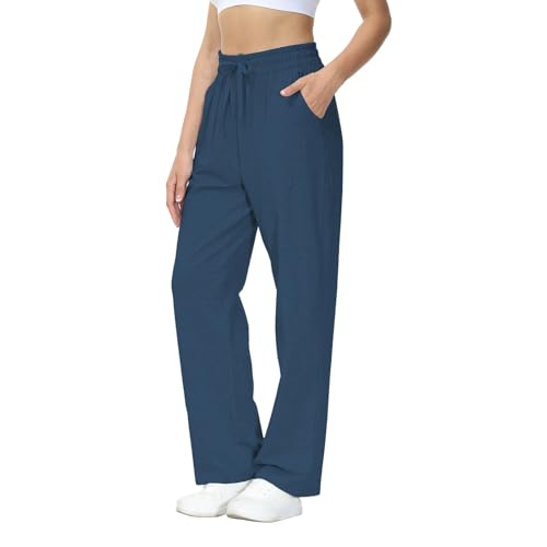 HMIYA Jogginghose Damen Baumwolle Freizeithose Lang offenem Boden Yogahose Sporthose Geradem Bein Hose mit Taschen(Graublau XXL) von HMIYA