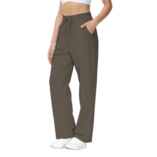 HMIYA Jogginghose Damen Baumwolle Freizeithose Lang offenem Boden Yogahose Sporthose Geradem Bein Hose mit Taschen(Graubraun L) von HMIYA