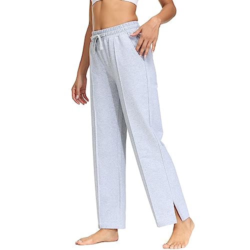 HMIYA Jogginghose Damen Baumwolle Schlitz Freizeithose offenem Boden Yogahose Lang Sporthose Geradem Bein Hose mit Taschen(Grau 3XL) von HMIYA