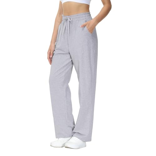 HMIYA Jogginghose Damen Baumwolle Freizeithose Lang offenem Boden Yogahose Sporthose Geradem Bein Hose mit Taschen (Grau 3XL) von HMIYA