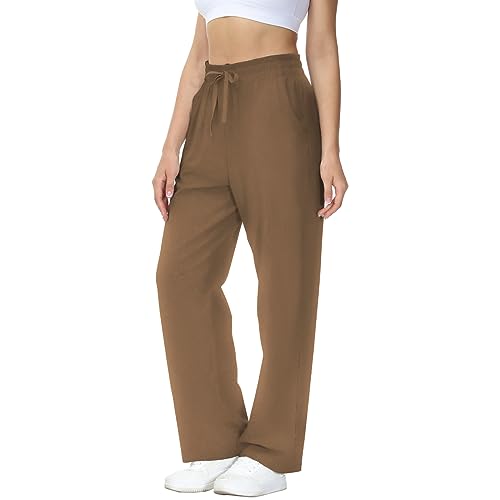 HMIYA Jogginghose Damen Baumwolle Freizeithose Lang offenem Boden Yogahose Sporthose Geradem Bein Hose mit Taschen(Hellbraun L) von HMIYA