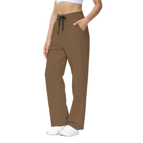 HMIYA Jogginghose Damen Baumwolle Freizeithose Lang offenem Boden Yogahose Sporthose Geradem Bein Hose mit Taschen(Hellbraun XXL) von HMIYA