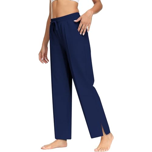 HMIYA Jogginghose Damen Baumwolle Schlitz Freizeithose offenem Boden Yogahose Lang Sporthose Geradem Bein Hose mit Taschen(Marineblau A 3XL) von HMIYA