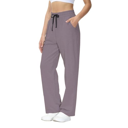 HMIYA Jogginghose Damen Baumwolle Freizeithose Lang offenem Boden Yogahose Sporthose Geradem Bein Hose mit Taschen(Pink lila L) von HMIYA