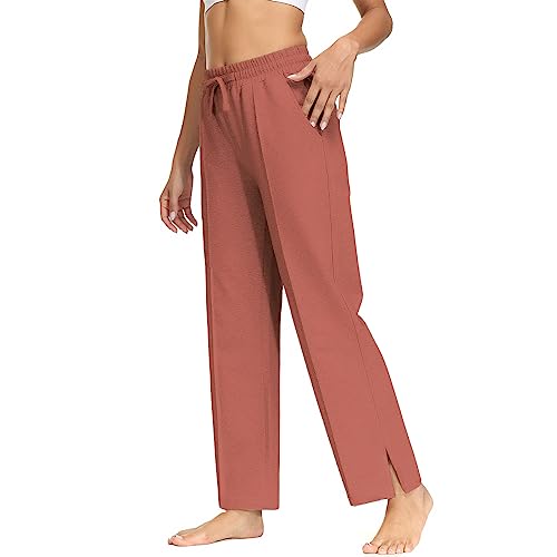 HMIYA Jogginghose Damen Baumwolle Schlitz Freizeithose offenem Boden Yogahose Lang Sporthose Geradem Bein Hose mit Taschen(Rötlich braun 3XL) von HMIYA