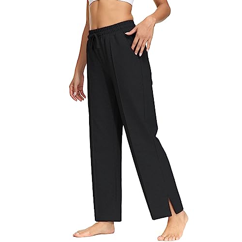 HMIYA Jogginghose Damen Baumwolle Schlitz Freizeithose offenem Boden Yogahose Lang Sporthose Geradem Bein Hose mit Taschen(Schwarz 3XL) von HMIYA