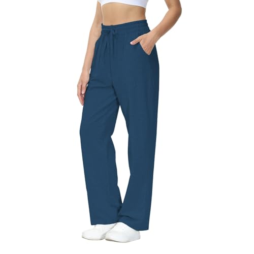 HMIYA Jogginghose Damen Baumwolle Freizeithose Lang offenem Boden Yogahose Sporthose Geradem Bein Hose mit Taschen(Pfauenblau 3XL) von HMIYA