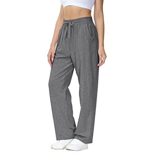 HMIYA Jogginghose Damen Baumwolle Freizeithose Lang offenem Boden Yogahose Sporthose Geradem Bein Hose mit Taschen (Dunkelgrau 3XL) von HMIYA