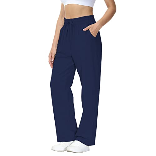 HMIYA Jogginghose Damen Baumwolle Freizeithose Lang offenem Boden Yogahose Sporthose Geradem Bein Hose mit Taschen (Marine-A S) von HMIYA