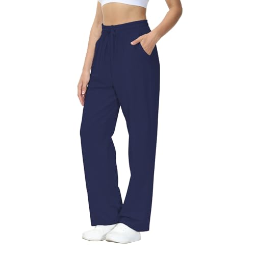 HMIYA Jogginghose Damen Baumwolle Freizeithose Lang offenem Boden Yogahose Sporthose Geradem Bein Hose mit Taschen(Marine-A XL) von HMIYA