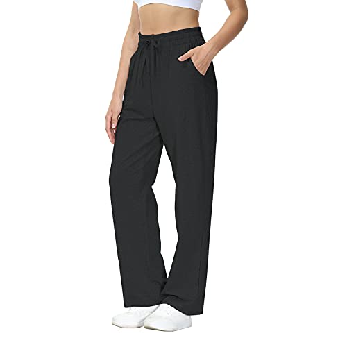 HMIYA Jogginghose Damen Baumwolle Freizeithose Lang offenem Boden Yogahose Sporthose Geradem Bein Hose mit Taschen(Schwarz XL) von HMIYA