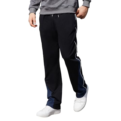 HMIYA Jogginghose Herren Baumwolle Sporthose Lange Sweathose Atmungsaktiv Freizeithose weites Bein Trainingshose mit Reißverschlusstaschen(Schwarz mit Marineblau,3XL) von HMIYA