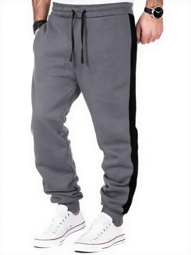 HMIYA Jogginghose Herren Baumwolle Trainingshose Lang Sporthose Klassische Freizeithose Sweathose mit Taschen und Seitenstreifen(Wolfsgrau,XL) von HMIYA