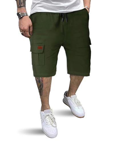 HMIYA Kurze Hosen Herren Cargo Shorts Baumwolle Bermuda Shorts Sommer Cargohose Herren kurz mit Taschen,Grün,S von HMIYA