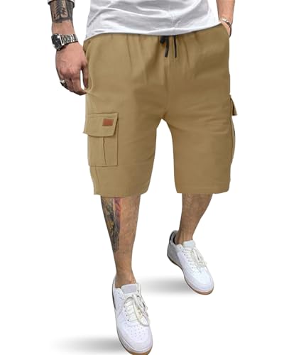 HMIYA Kurze Hosen Herren Cargo Shorts Baumwolle Bermuda Shorts Sommer Cargohose Herren kurz mit Taschen,Khaki,L von HMIYA