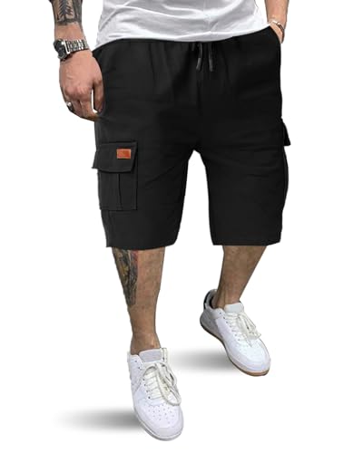 HMIYA Kurze Hosen Herren Cargo Shorts Baumwolle Bermuda Shorts Sommer Cargohose Herren kurz mit Taschen,Schwarz,3XL von HMIYA