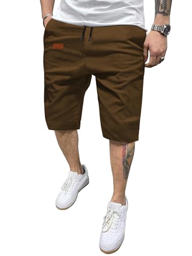 HMIYA Kurze Hosen Herren Chino Shorts Sommer Baumwolle Freizeithose Elastische Taille mit 4 Taschen(Dunkelbraun,EU-M) von HMIYA