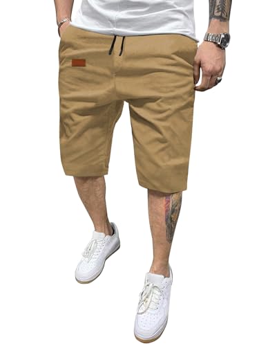 HMIYA Kurze Hosen Herren Shorts Herren Sommer Chino Baumwolle Elastische Taille mit 4 Taschen(Khaki,EU-M) von HMIYA