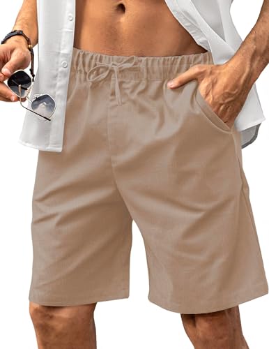 HMIYA Kurze Hosen Herren Leinen Shorts Leichte Bermuda Sommershorts Atmungsaktiv Leinenhose Kurz mit Taschen(Dunkelbraun,EU-M) von HMIYA