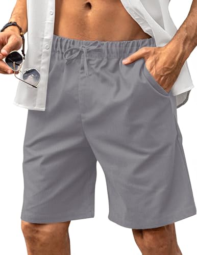 HMIYA Kurze Hosen Herren Leinen Shorts Leichte Bermuda Sommershorts Atmungsaktiv Leinenhose Kurz mit Taschen(Hellgrau,EU-S) von HMIYA
