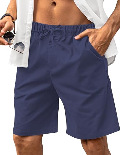 HMIYA Kurze Hosen Herren Leinen Shorts Leichte Bermuda Sommershorts Atmungsaktiv Leinenhose Kurz mit Taschen(Marineblau,EU-XXL) von HMIYA