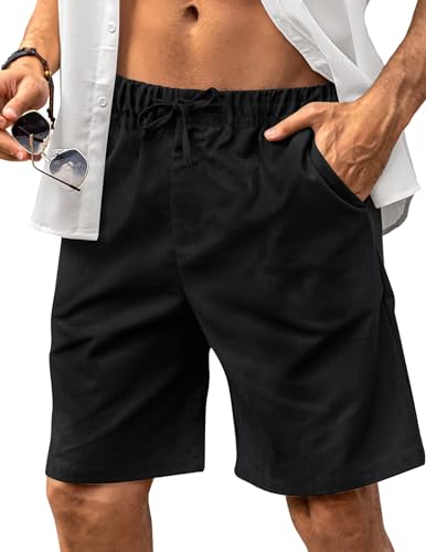 HMIYA Kurze Hosen Herren Leinen Shorts Leichte Bermuda Sommershorts Atmungsaktiv Leinenhose Kurz mit Taschen(Schwarz,EU-XL) von HMIYA