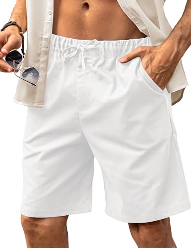 HMIYA Kurze Hosen Herren Leinen Shorts Leichte Bermuda Sommershorts Atmungsaktiv Leinenhose Kurz mit Taschen(Weiß,EU-3XL) von HMIYA