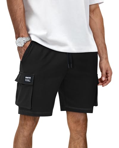 HMIYA Kurze Hosen Herren Sommer Freizeit Chino Baumwolle Shorts Stretch Elastische Taille mit Taschen Schwarz 3XL von HMIYA