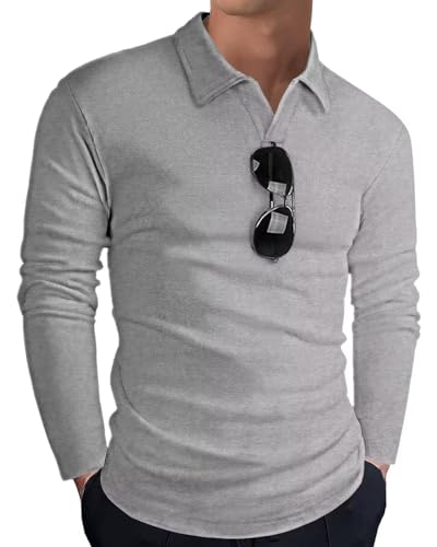 HMIYA Langarmshirt Herren Baumwolle Poloshirt Langarm Sweatshirt V-Ausschnitt Casual T-Shirts (Hellgrau,M) von HMIYA